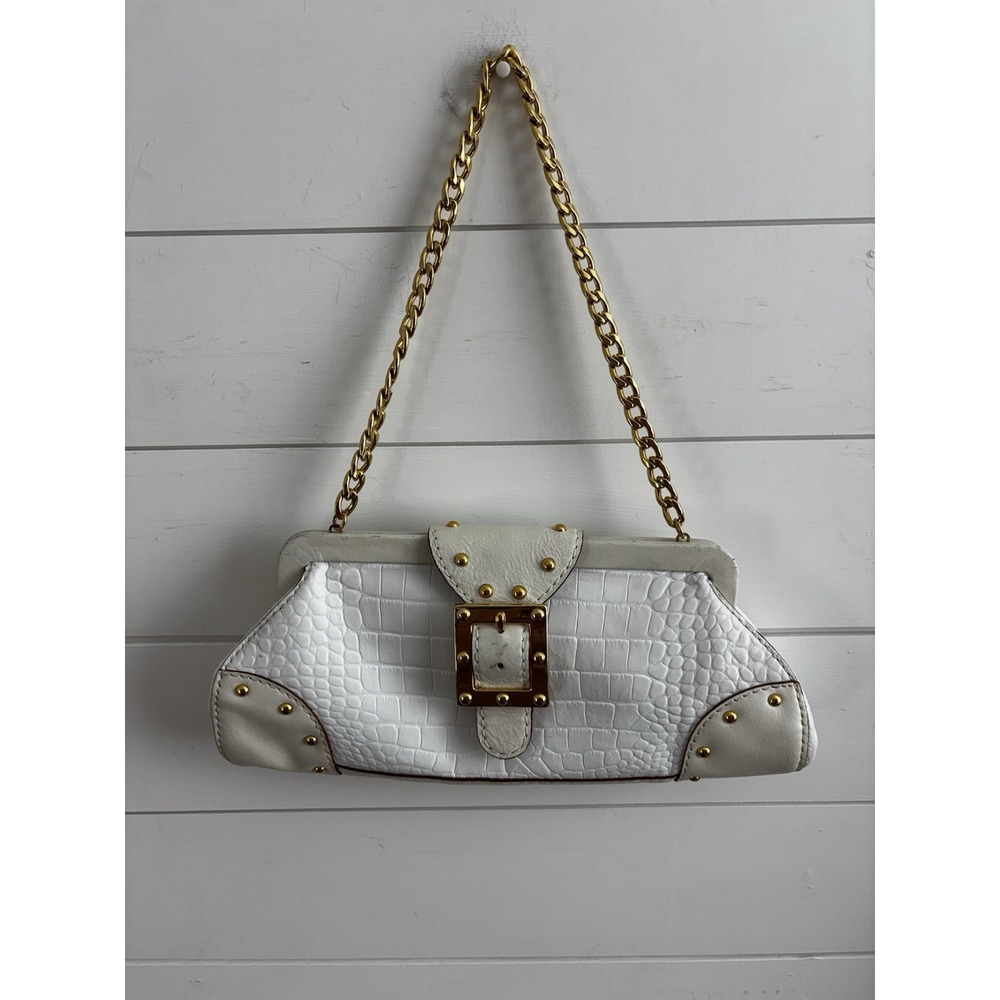 Michael Kors Vintage Leather Clutch Croc Embossed With Gold Chain Shoulder Strap